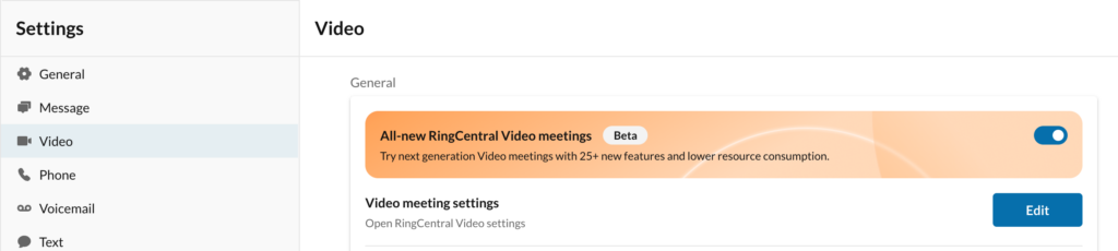 RingCentral Video settings interface