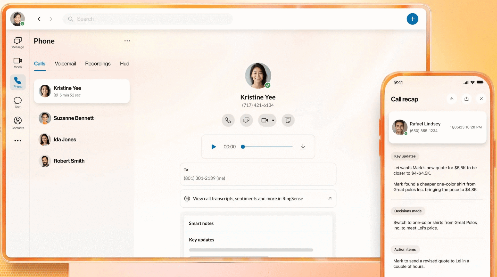 RingEX showing a call with a clear AI-generated recap on desktop and mobile