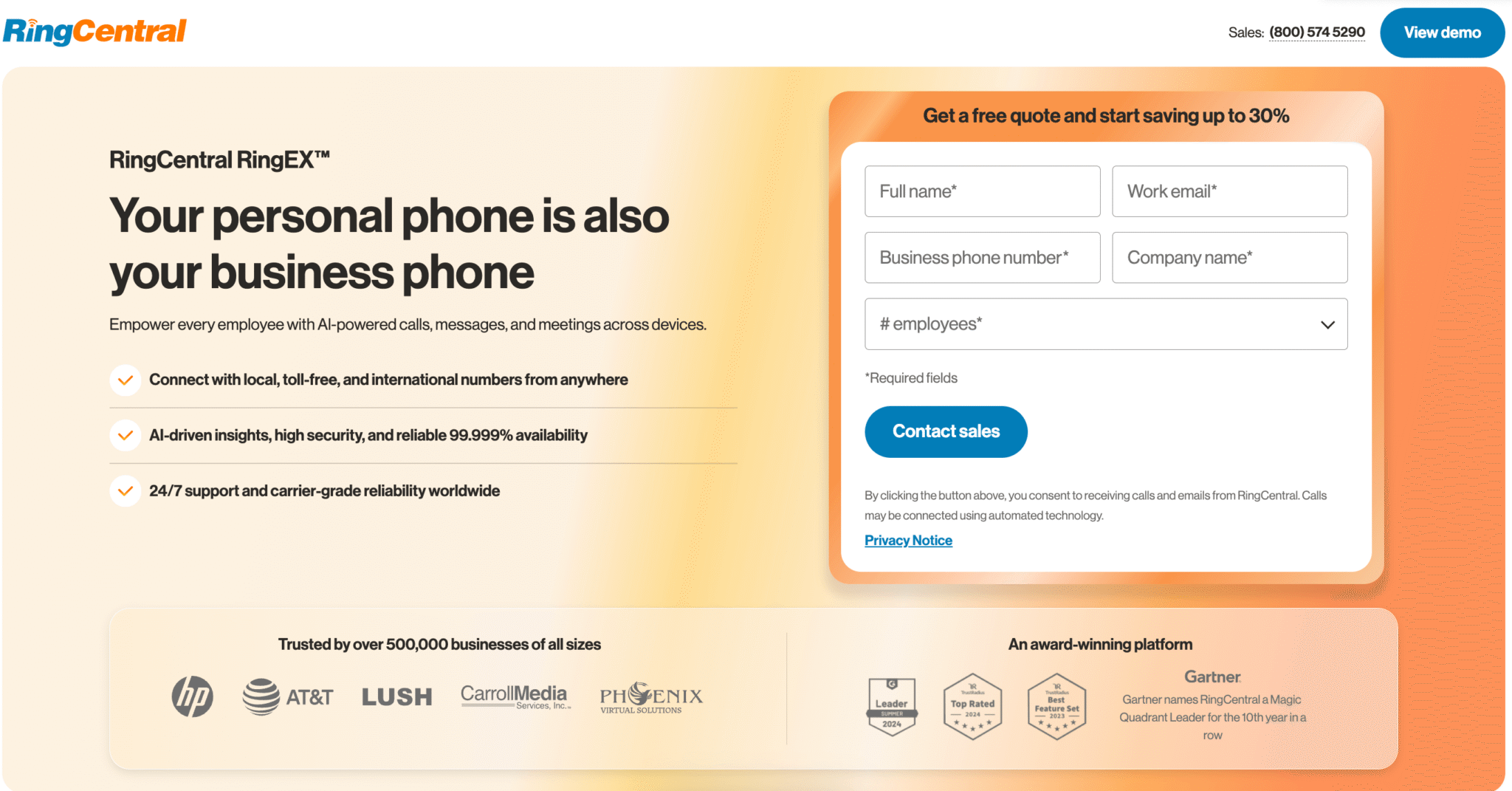 RingCentral’s landing page