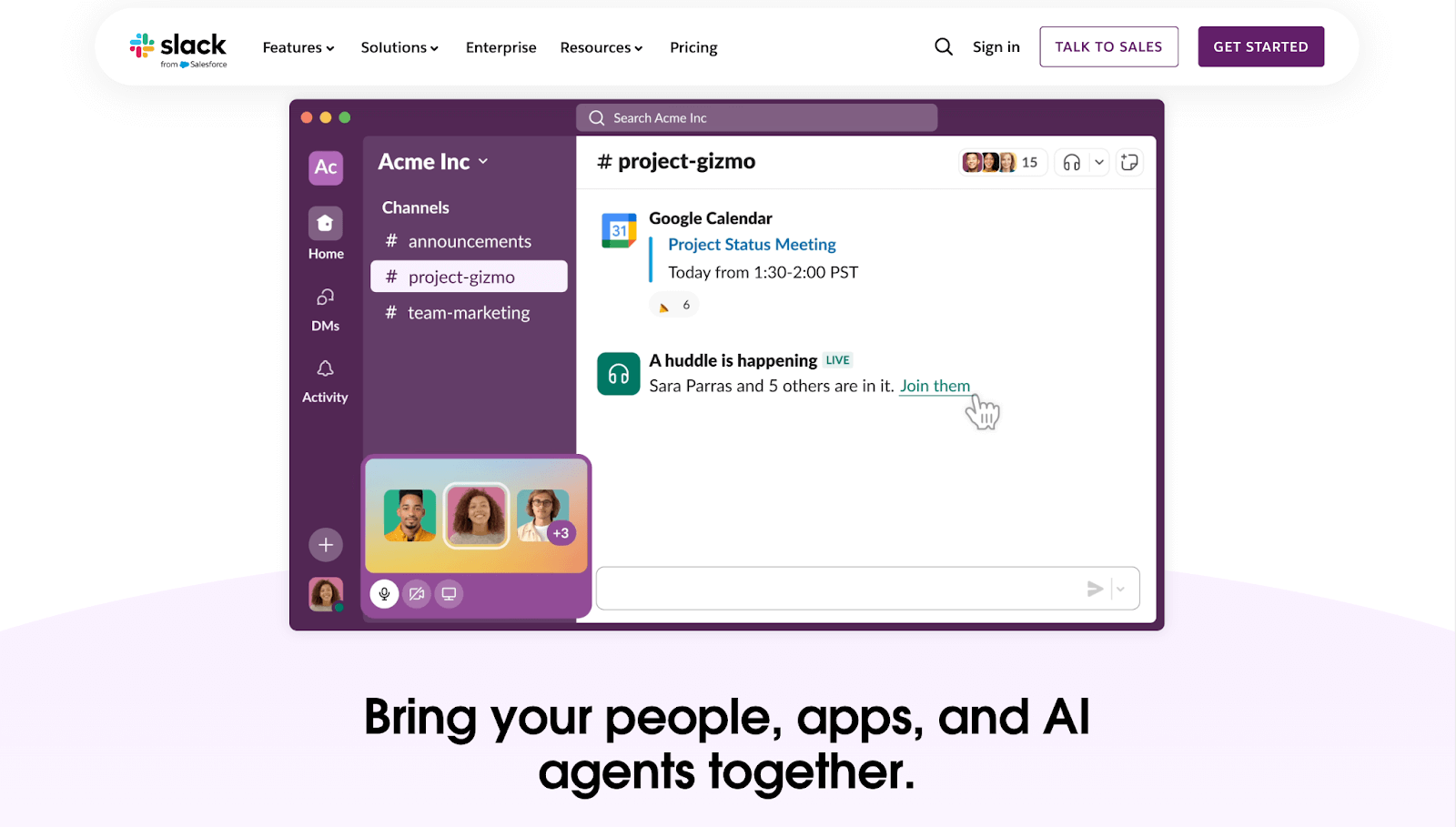 Slack interface showing channels, Google Calendar alert, and a live huddle notification