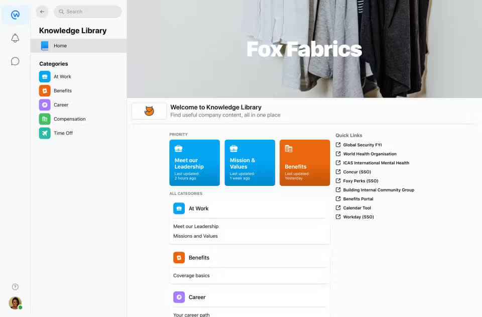 Workplace from Meta’s company knowledge library page with categories and quick links for work resources