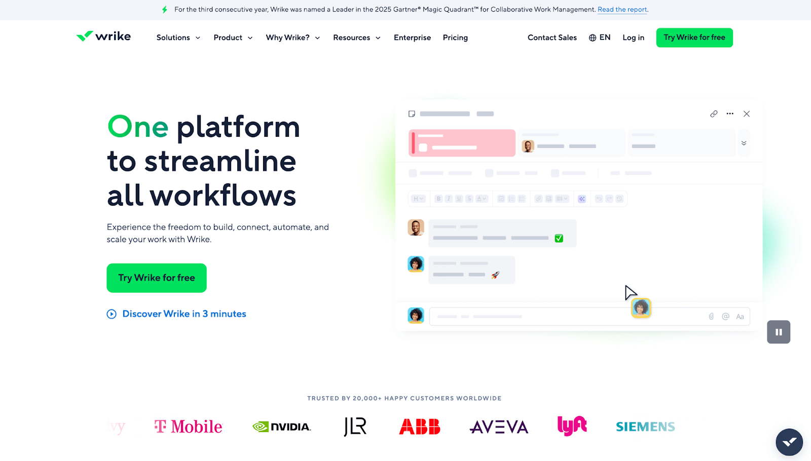 Wrike homepage showcasing workflow automation with a sample task board and customer logos