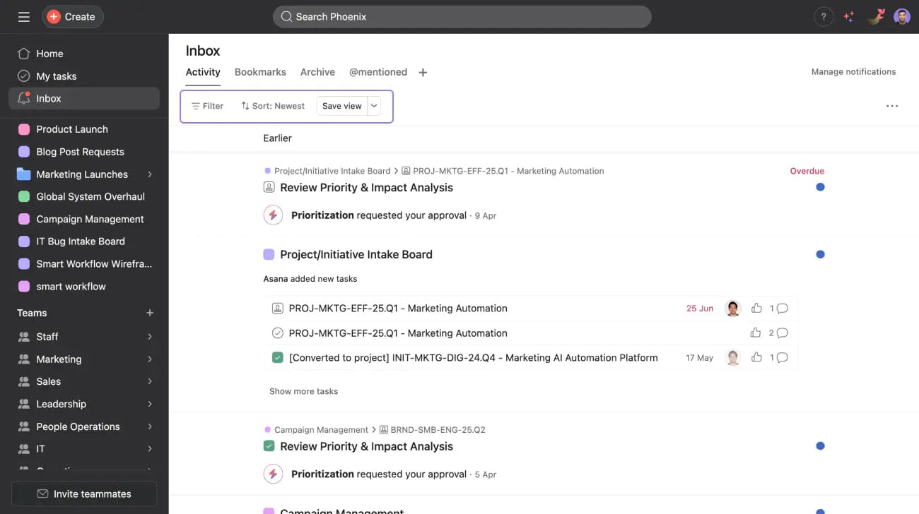 Asana inbox view listing task updates and project activity with sorting options and a sidebar of teams and projects