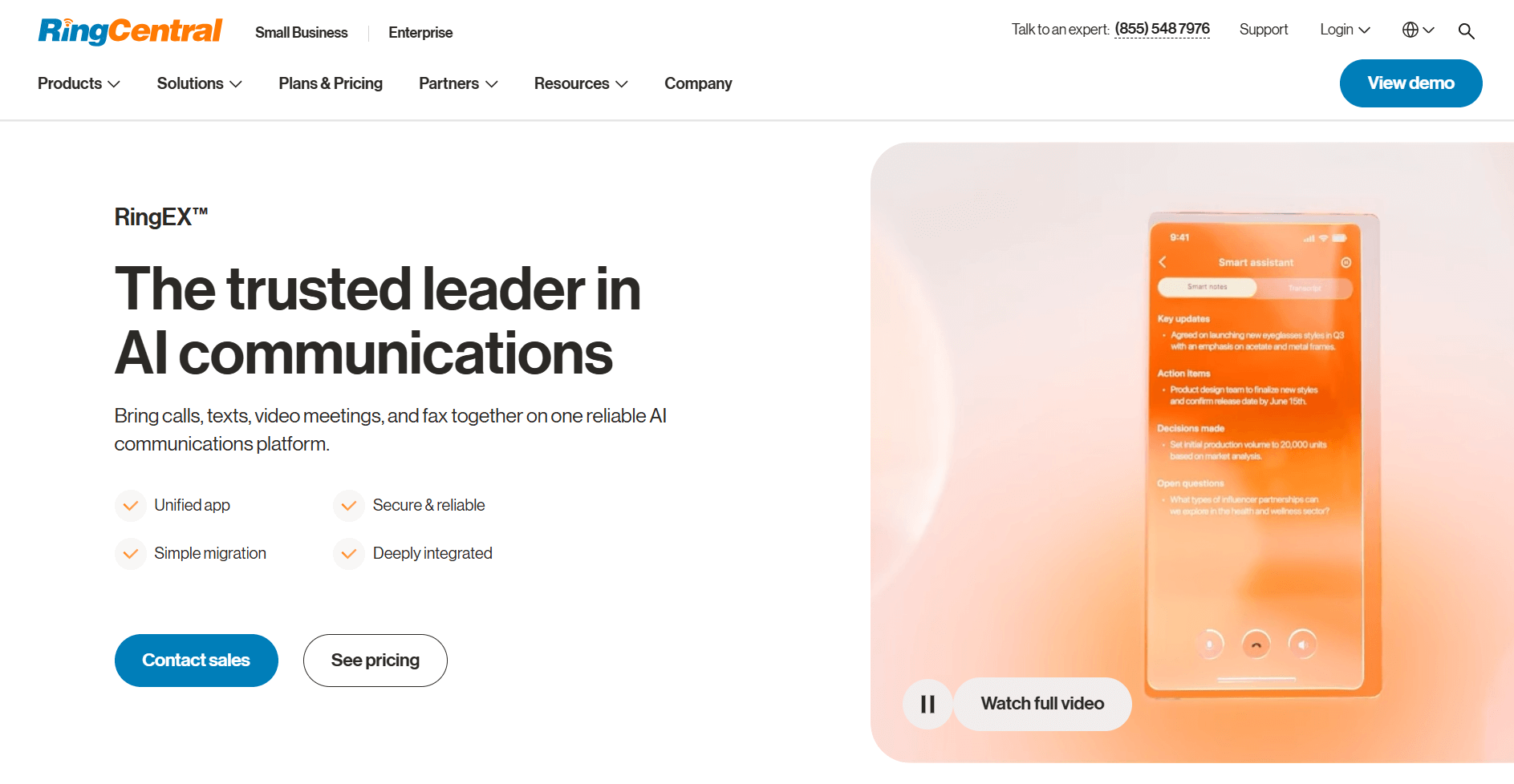 RingCentral homepage showing AI communications platform with mobile interface preview and sales CTAs