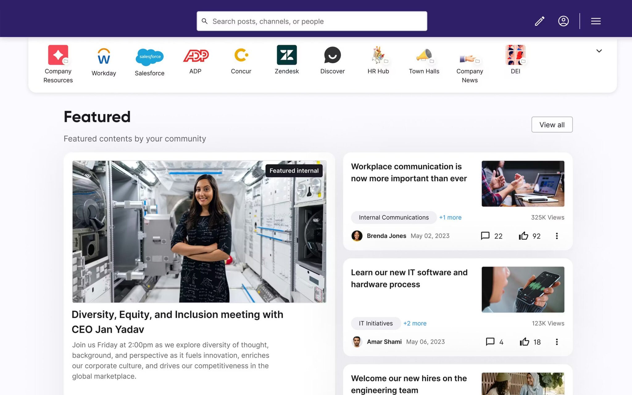 Firstup’s company portal showing featured posts and updates on workplace communication and IT processes