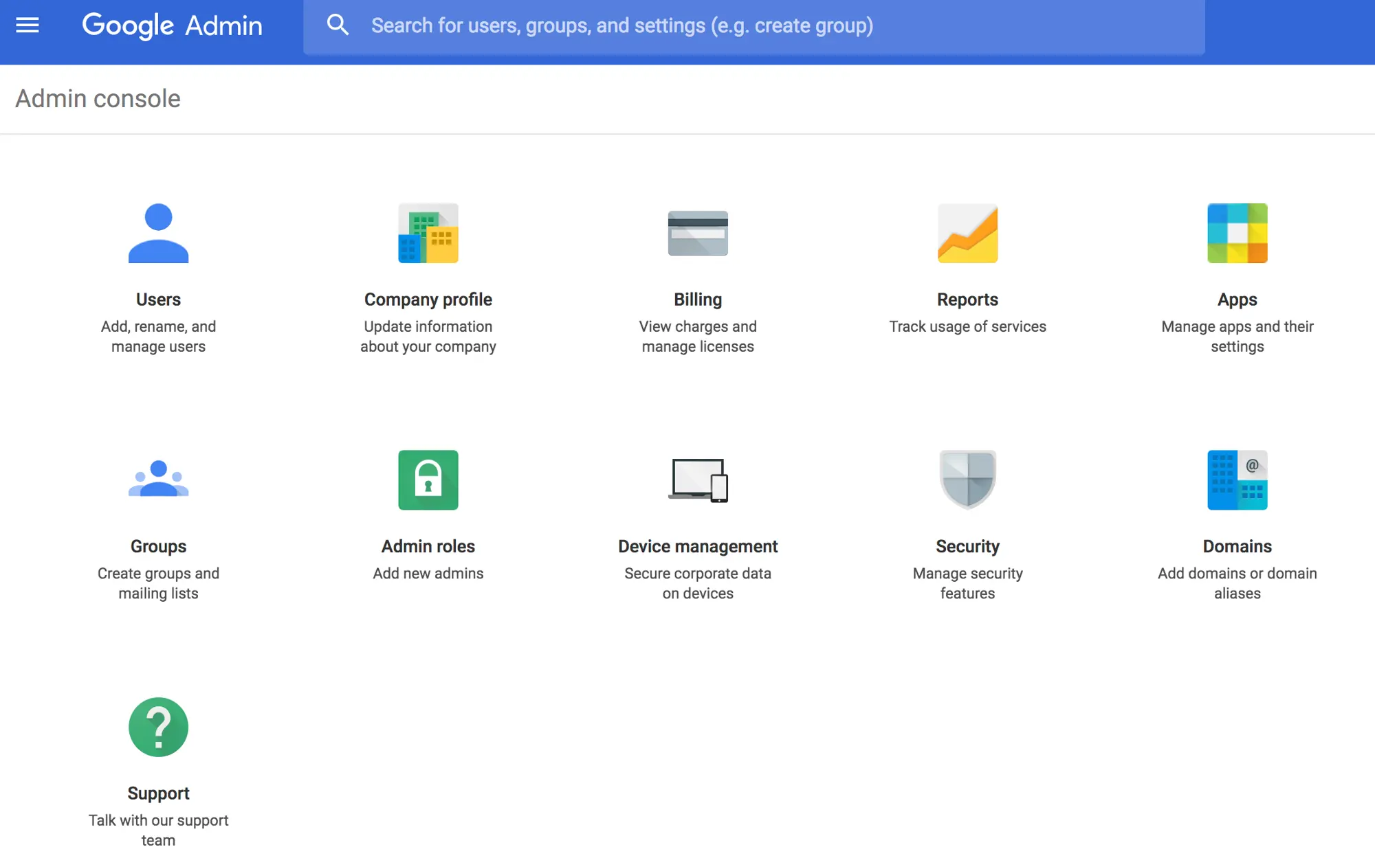 Google Admin console showing tiles for managing users, apps, security, domains, and support tools