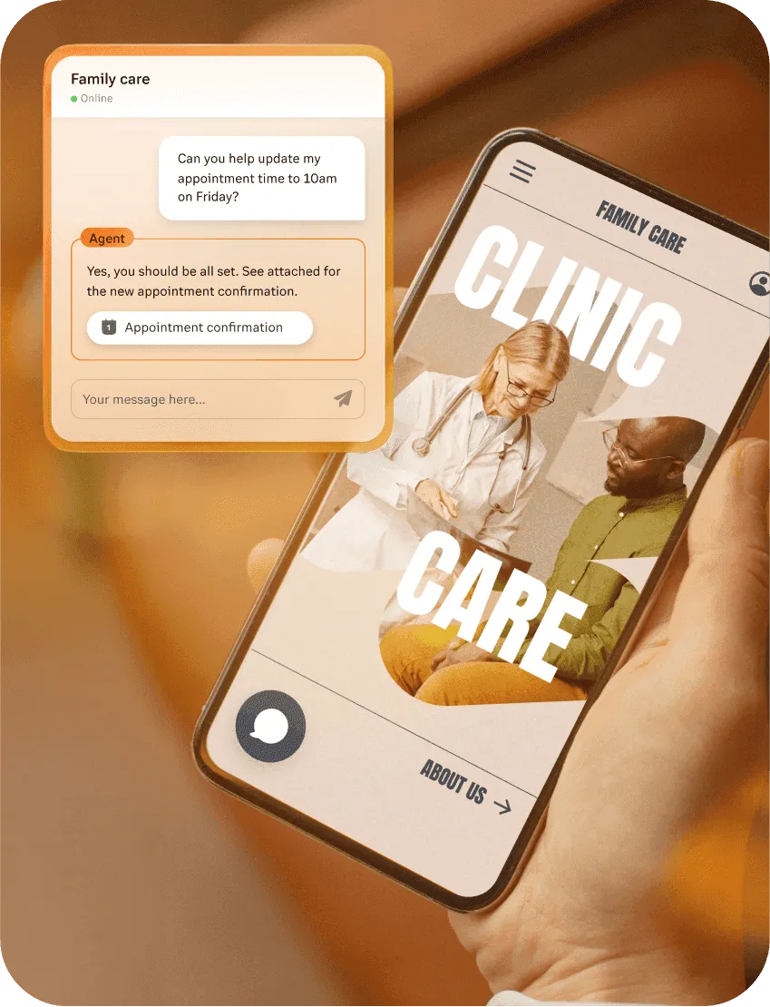 A hand holding a cellphone with a chat open to a family care practice and question about updating an appointment to 10 a.m. on Friday. The AI agent replied to confirm the appointment update.