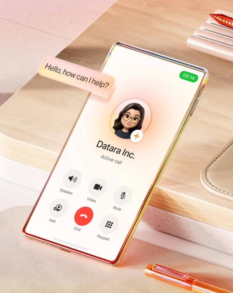 Smartphone on desk showing an active business call screen with call controls and timer visible