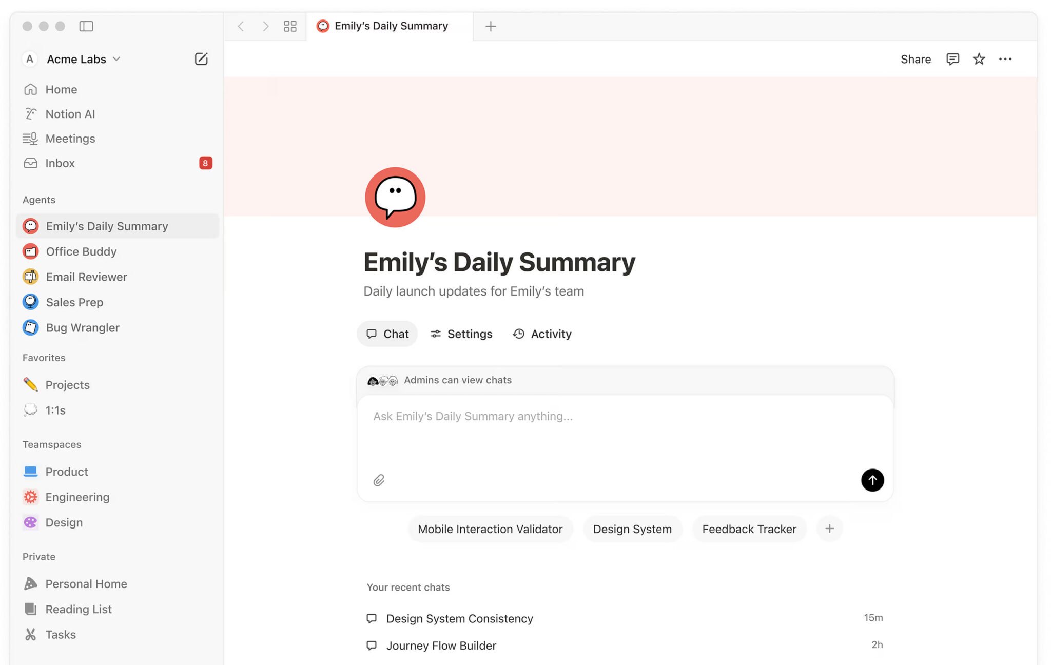 Notion AI interface showing an AI agent summarizing updates and organizing work inside Notion