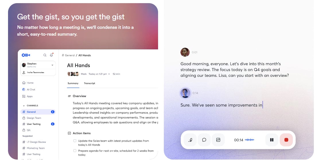 Otter.ai showing meeting summary, transcript, and action items from an All Hands call