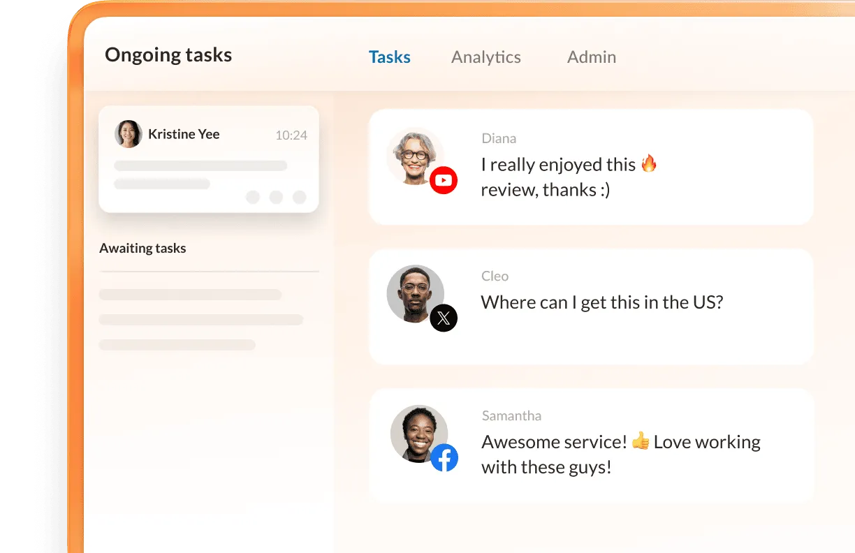 A cropped view of a RingCentral dashboard that shows customer comments and requests across multiple channels, including Facebook, X (Twitter), and YouTube.