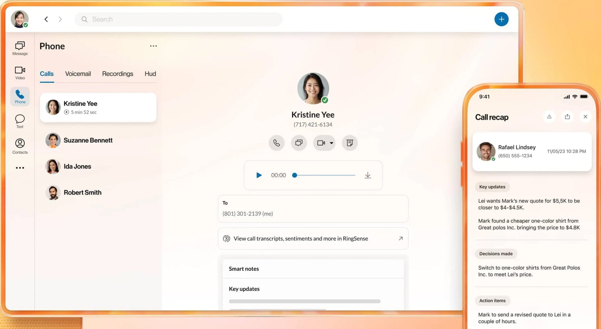 RingEX showing a call with a clear AI-generated recap on desktop and mobile