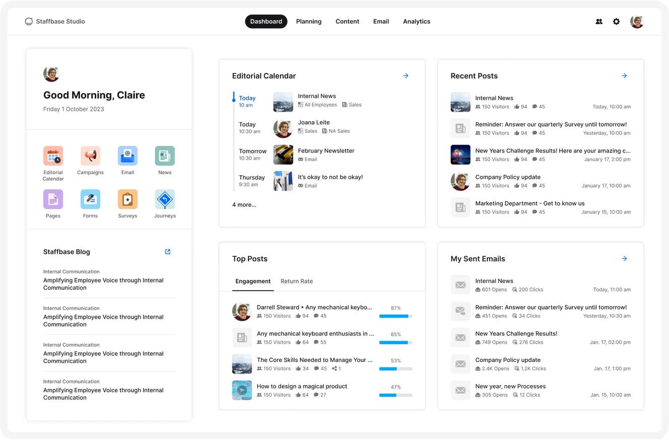 Staffbase dashboard showing editorial calendar and shortcuts to tools like campaigns and pages