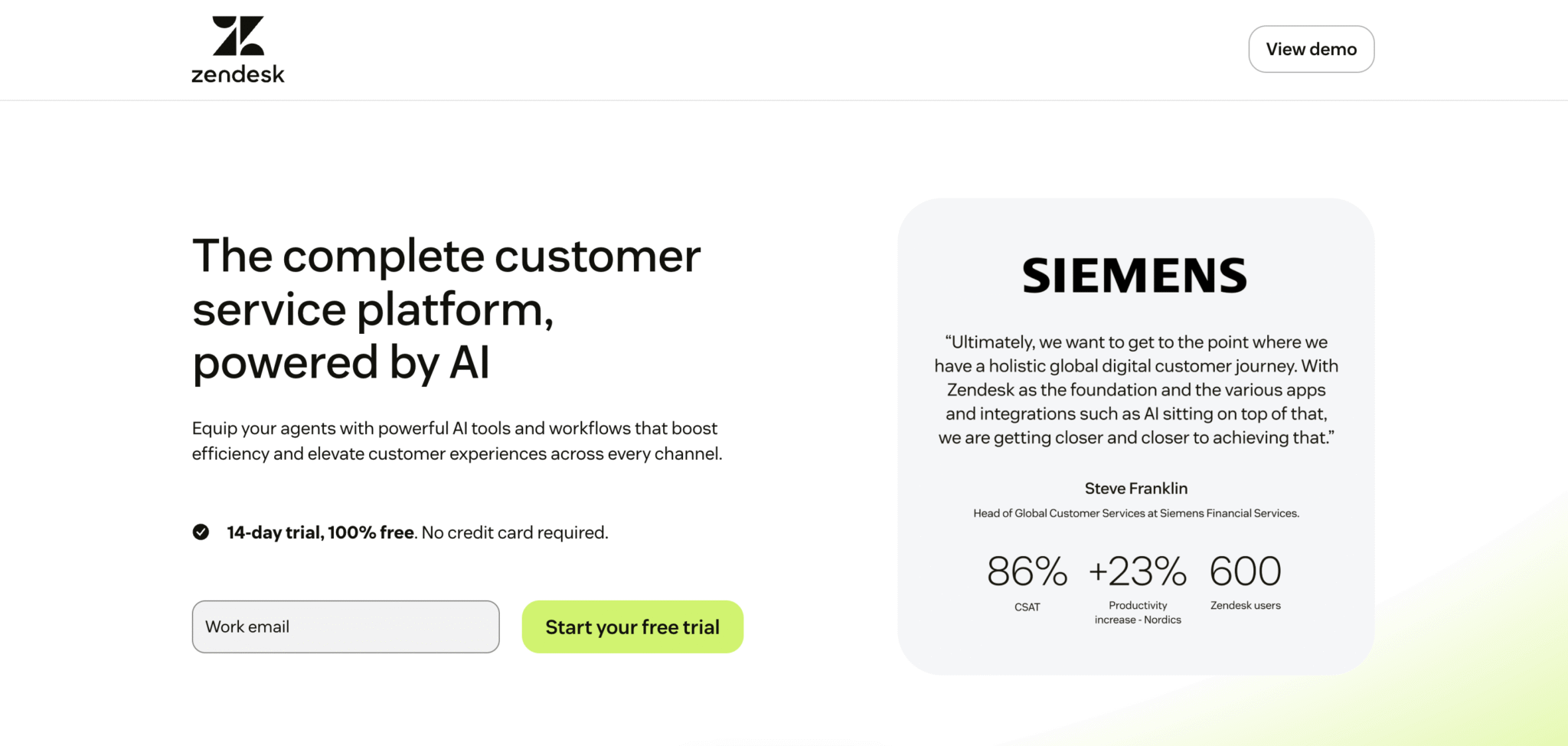 The Zendesk landing page