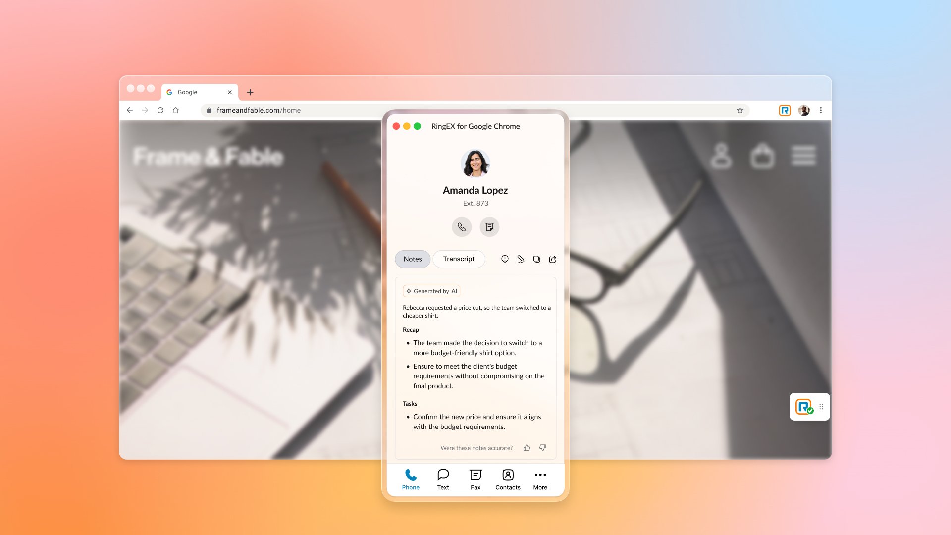 Calls details notes feature of RingEX for Google Chrome