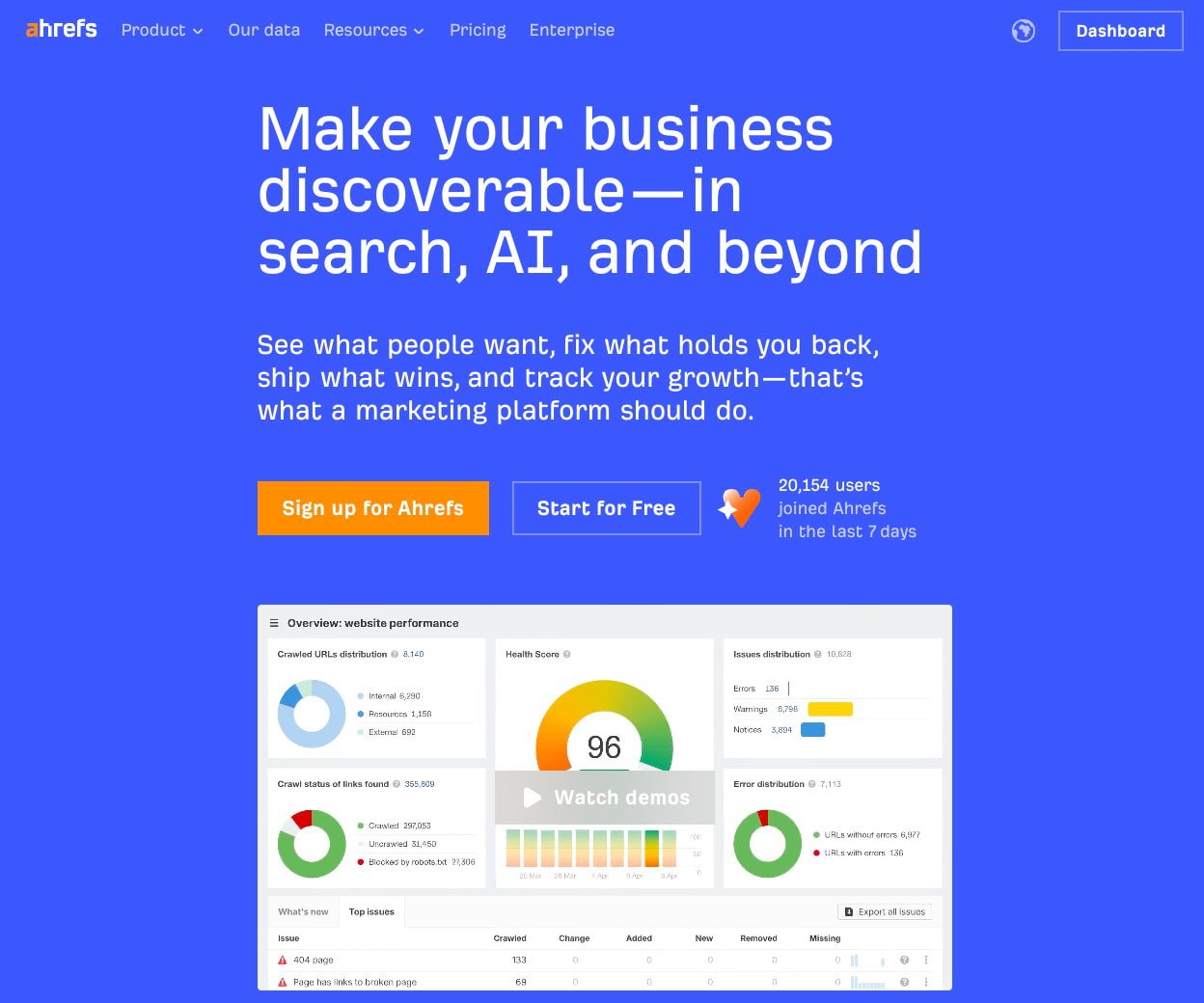 The Ahrefs homepage with a keyword analysis demo and the tagline “Make your business discoverable—in search, AI, and beyond”