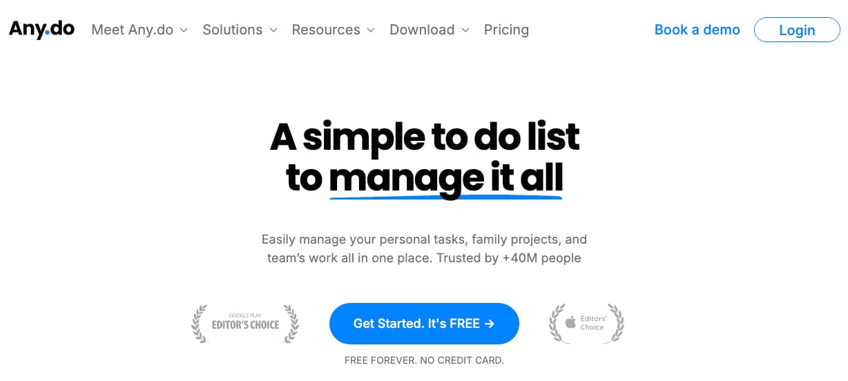 The Any.do homepage, showing a tagline of “A simple to do list to manage it all"