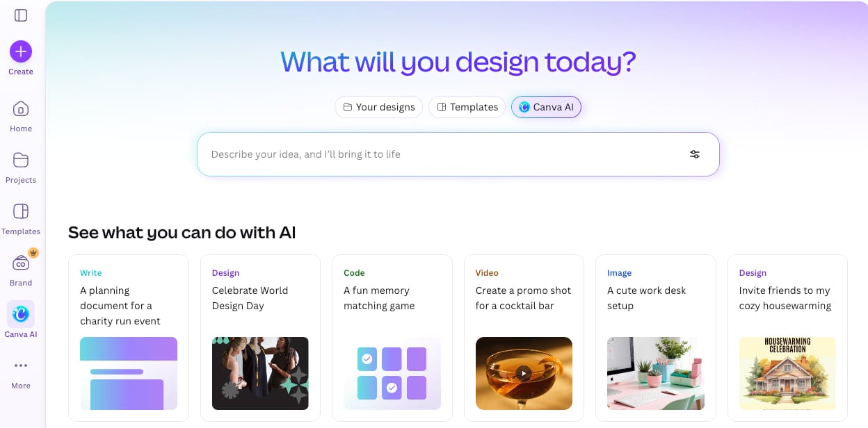 The Canva AI dashboard showing prompts to plan an event, write code for a game, and create a promo video
