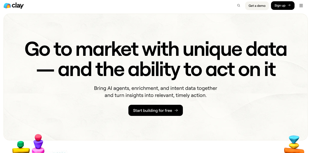 The Clay homepage and the tagline “Go to market with unique data—and the ability to act on it”