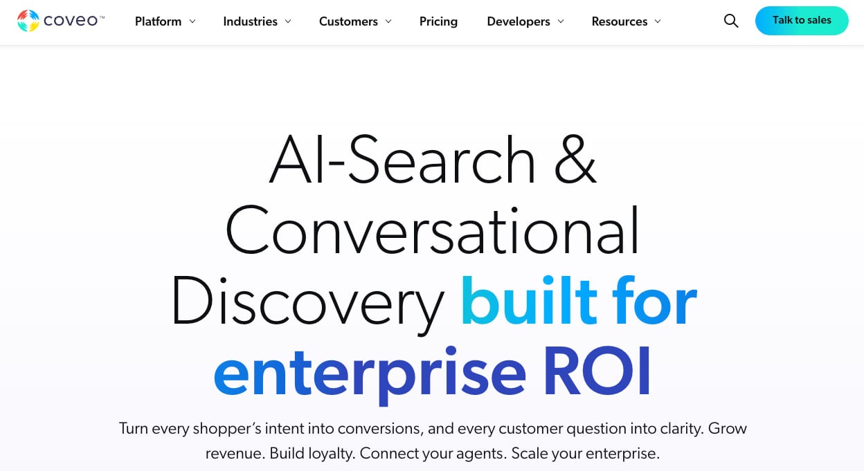 The Coveo homepage, showing a tagline of “AI-Search & Conversational Discovery built for enterprise ROI”