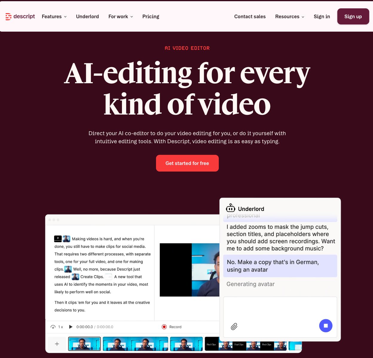 The Descript homepage with a demo video of how to edit clips using AI and the tagline “AI-editing for every kind of video”