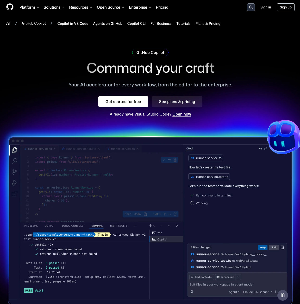 The GitHub Copilot homepage, showing a demo video of an AI-powered code editor