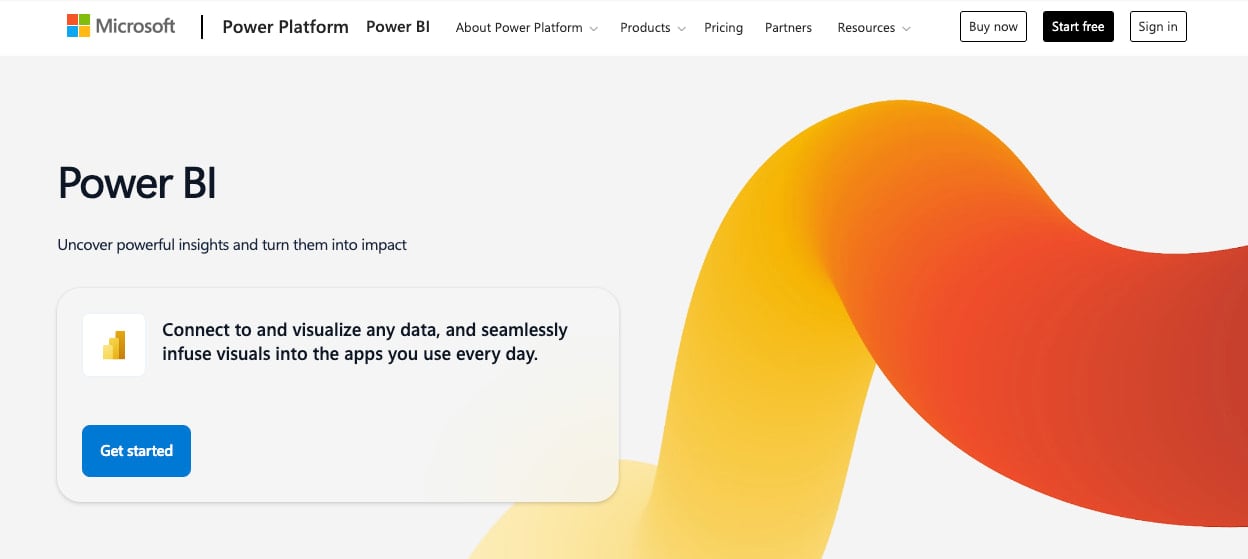 The Microsoft Power BI homepage with the tagline “Uncover powerful insights and turn them into impact”