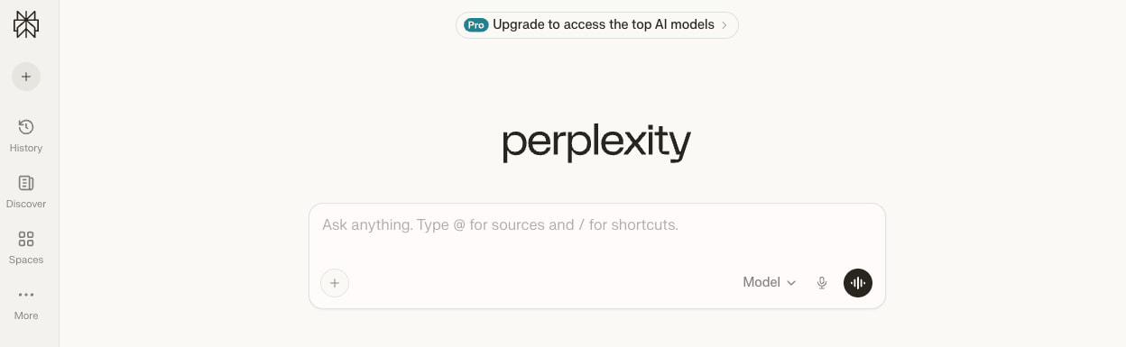 The Perplexity AI chatbot, showing an empty message window