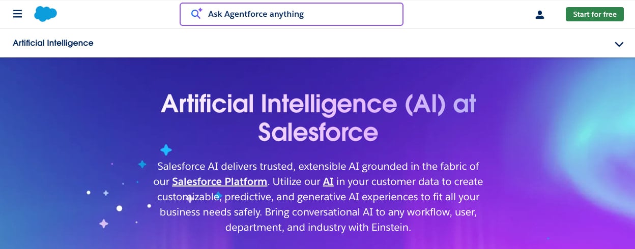 The Salesforce Einstein homepage, showing a tagline of “Artificial Intelligence (AI) at Salesforce”
