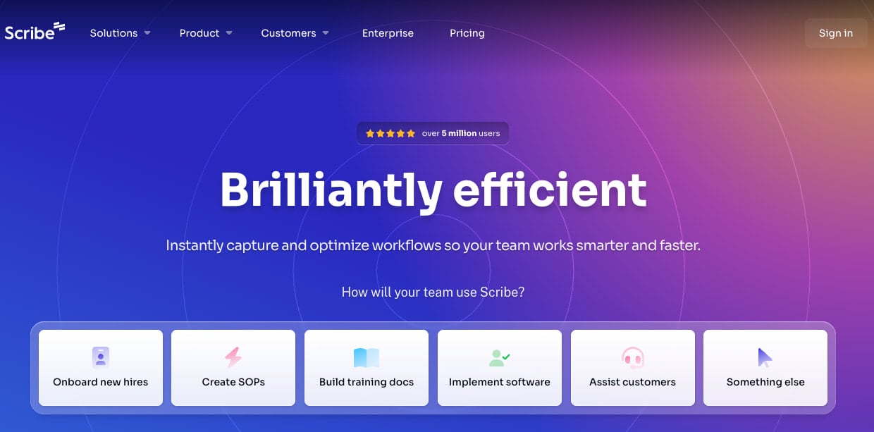 The Scribe homepage, showing documentation use cases, including onboarding, training, and customer assistance