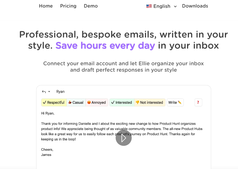 TryEllie homepage with video of the AI adjusting email tones, ranging from respectful and interested to casual and annoyed