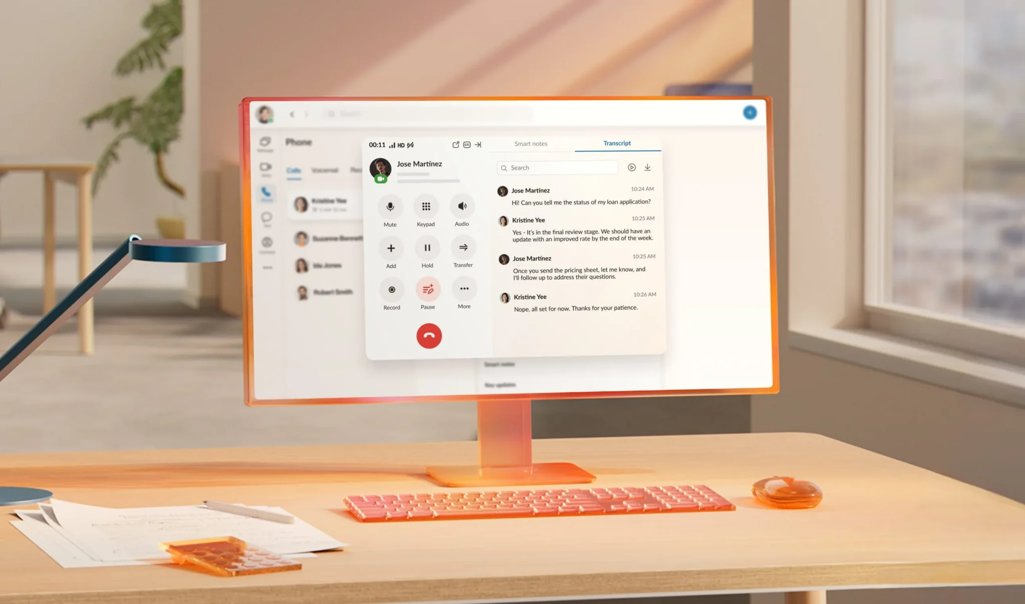 A computer monitor shows an ongoing customer call that’s transcribed by AI