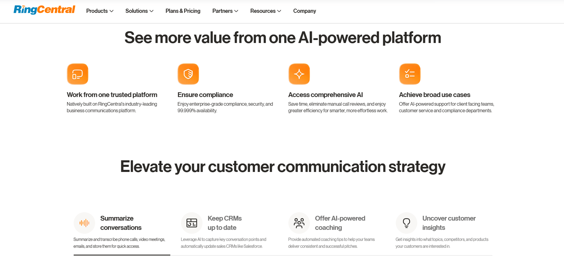 RingCentral webpage highlighting AI-powered platform benefits for compliance, insights, and customer communication strategy