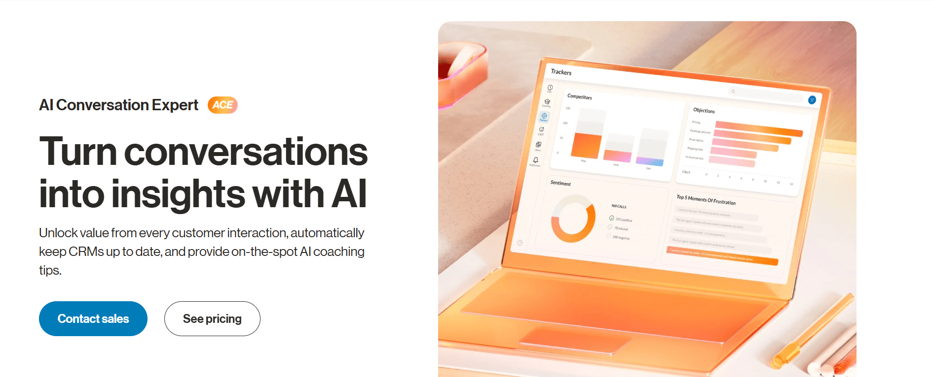 RingCentral’s AI conversation analytics dashboard on a laptop showing sentiment, objections, competitors, and call insights