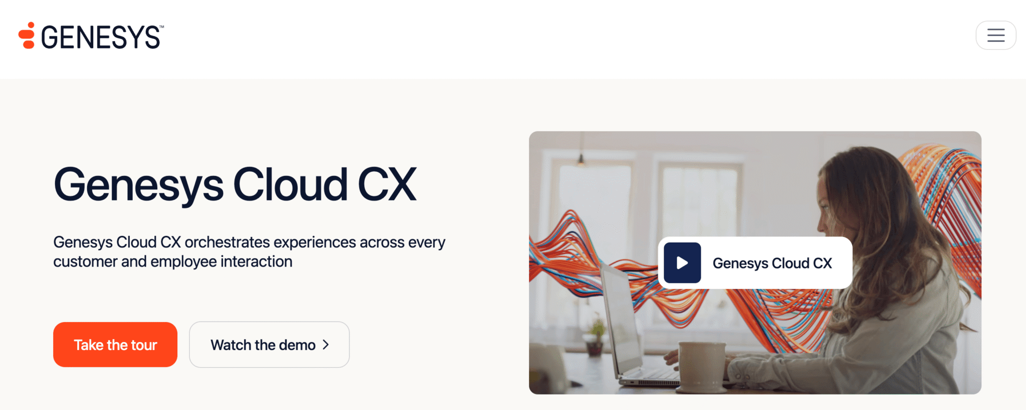 The Genesys Cloud CX homepage, showing a video demo and “Take the tour” and “Watch the demo” buttons