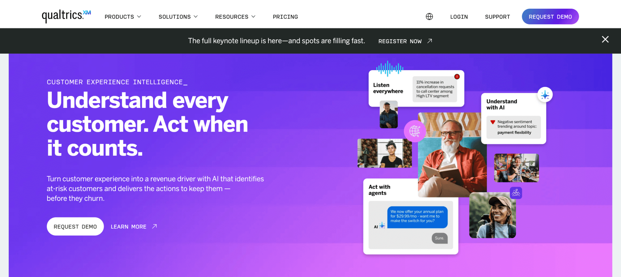The Qualtrics XM homepage, showing a tagline of “Understand every customer. Act when it counts,” on a gradient purple background