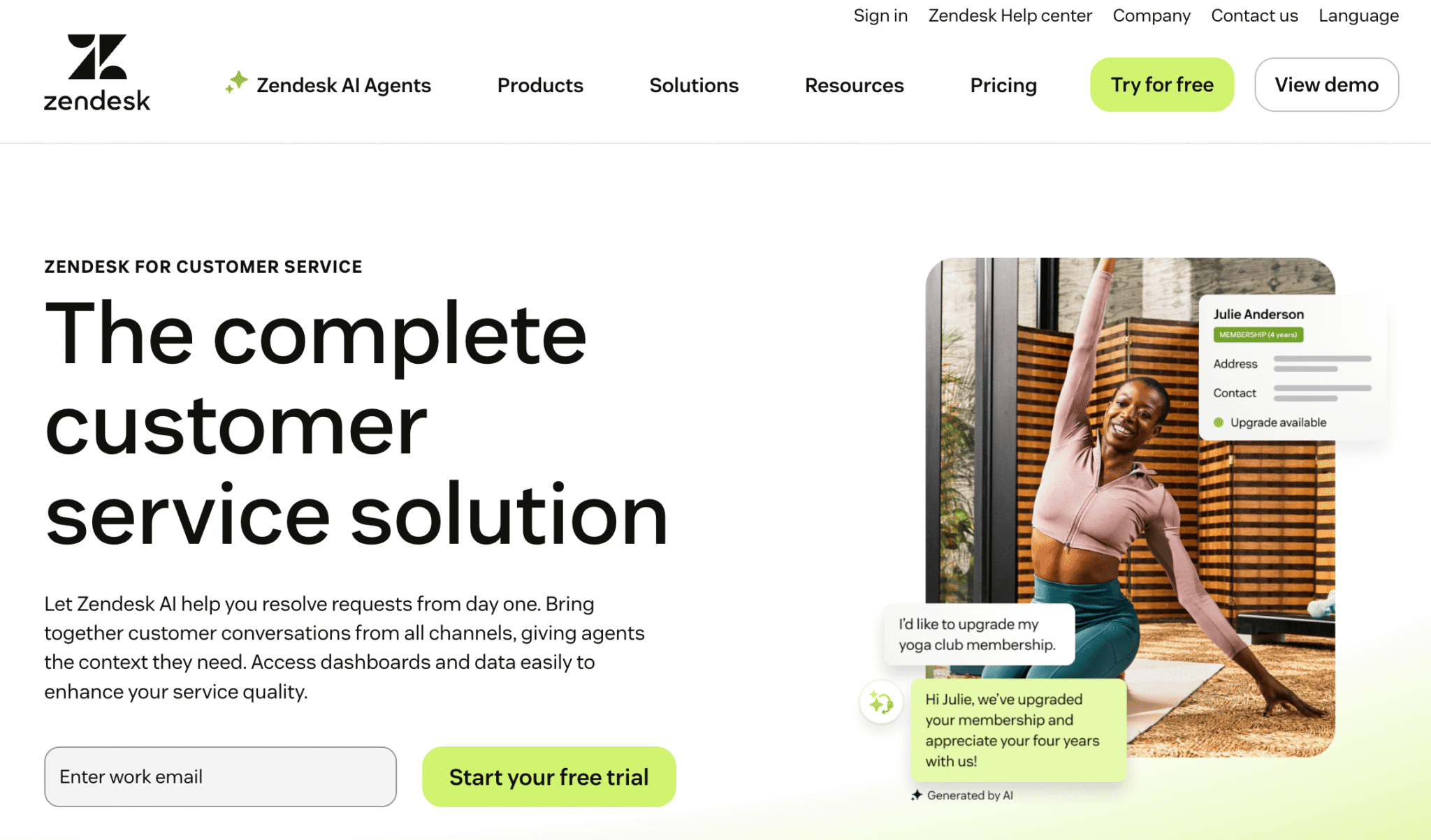 The Zendesk for Customer Service homepage, showing a Black woman stretching on a yoga mat with overlay details of her customer info and a chat she had with an AI chatbot