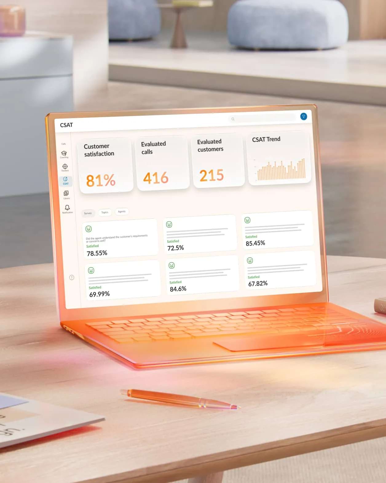 A laptop displays customer satisfaction metrics
