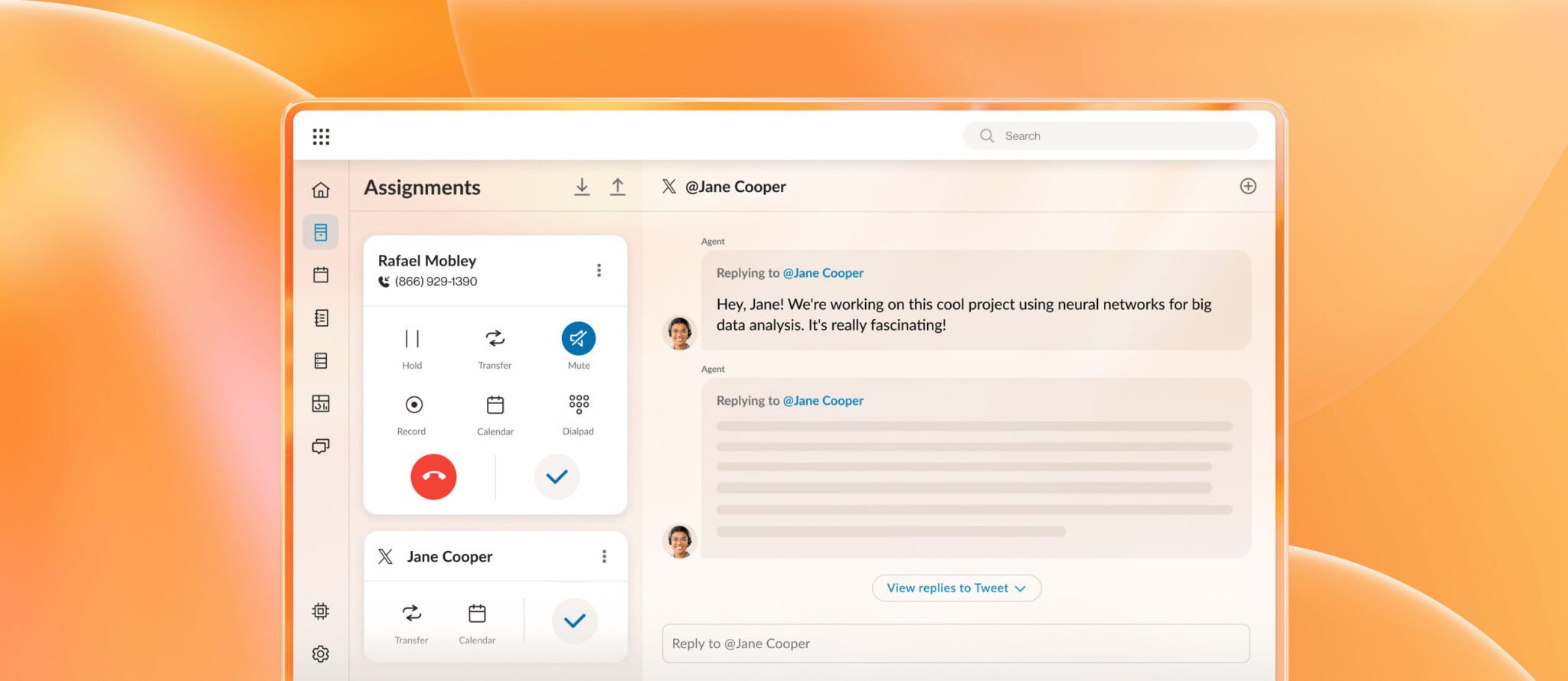 A RingCX enterprise contact center dashboard shows an agent’s assignments, including social media messages and calls.