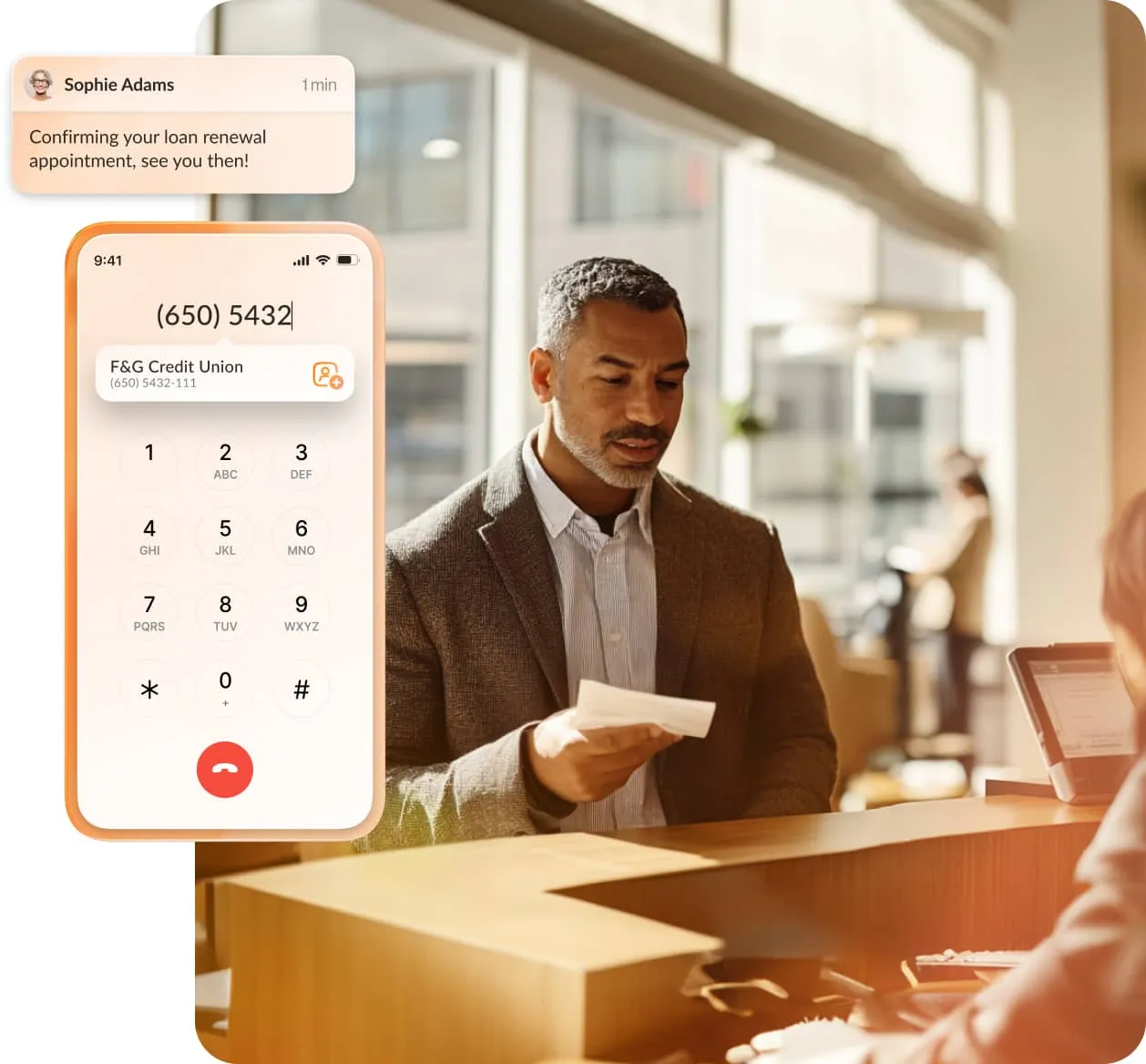 A man chats with a bank teller on the phone while the AI Receptionist texts to confirm a loan renewal appointment
