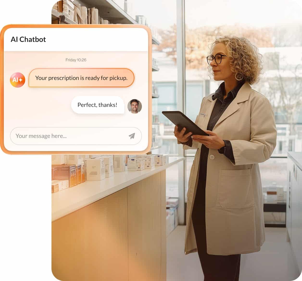 A pharmacist checks prescriptions while an AI agent notifies a customer that their refill is ready