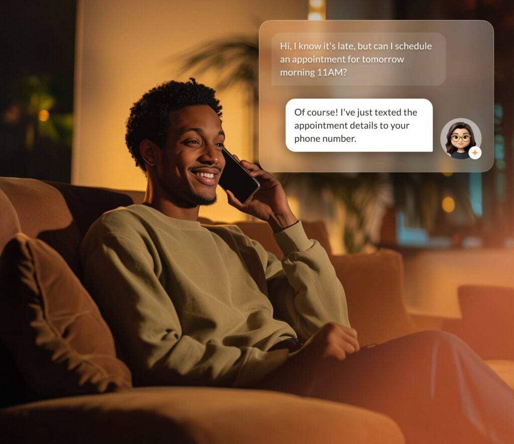 A man sitting on a couch speaking to a RingCentral-powered AI voice agent
