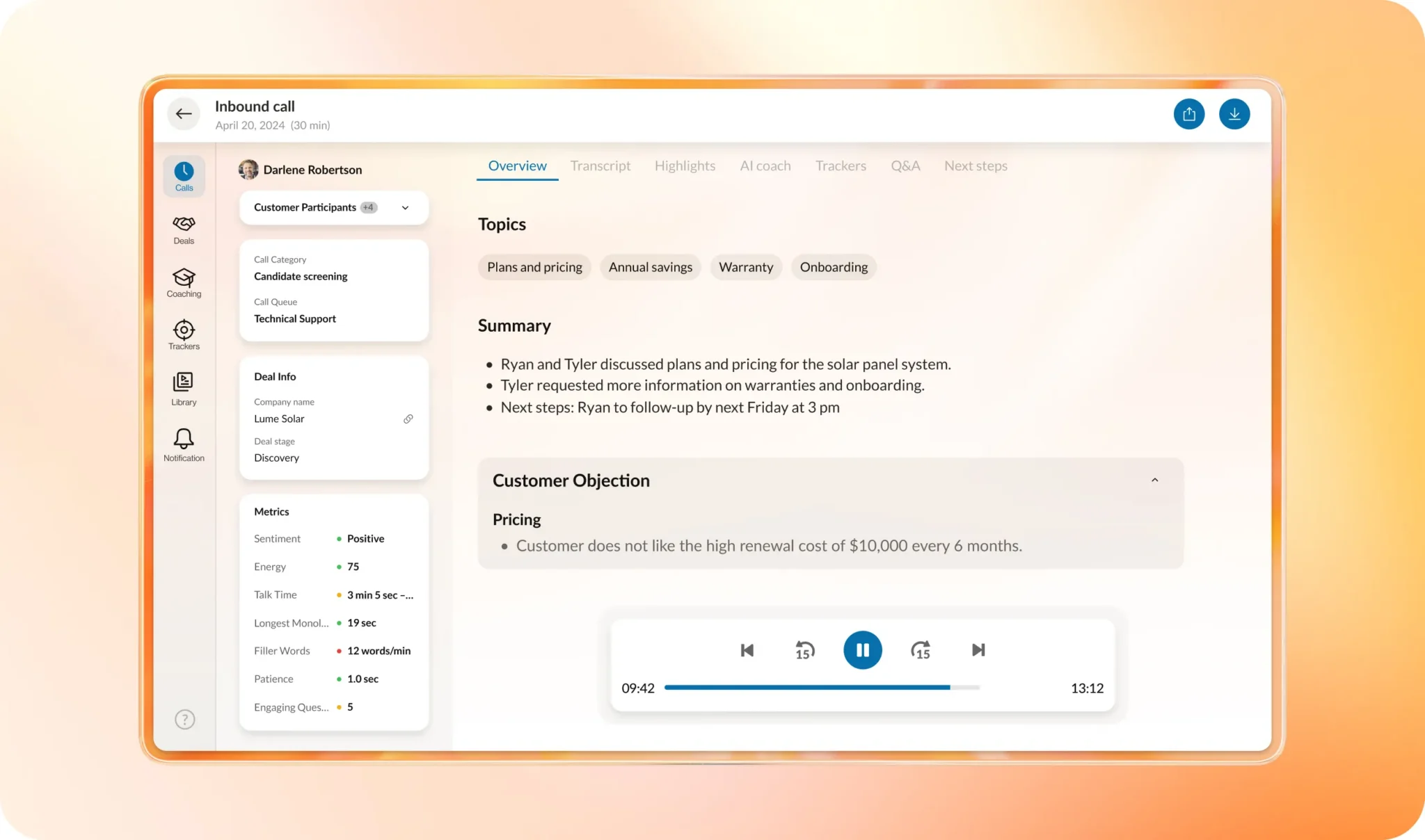 RingCentral's ACE dashboard showing a customer call overview with topics, a call summary, and info about a pricing objection
