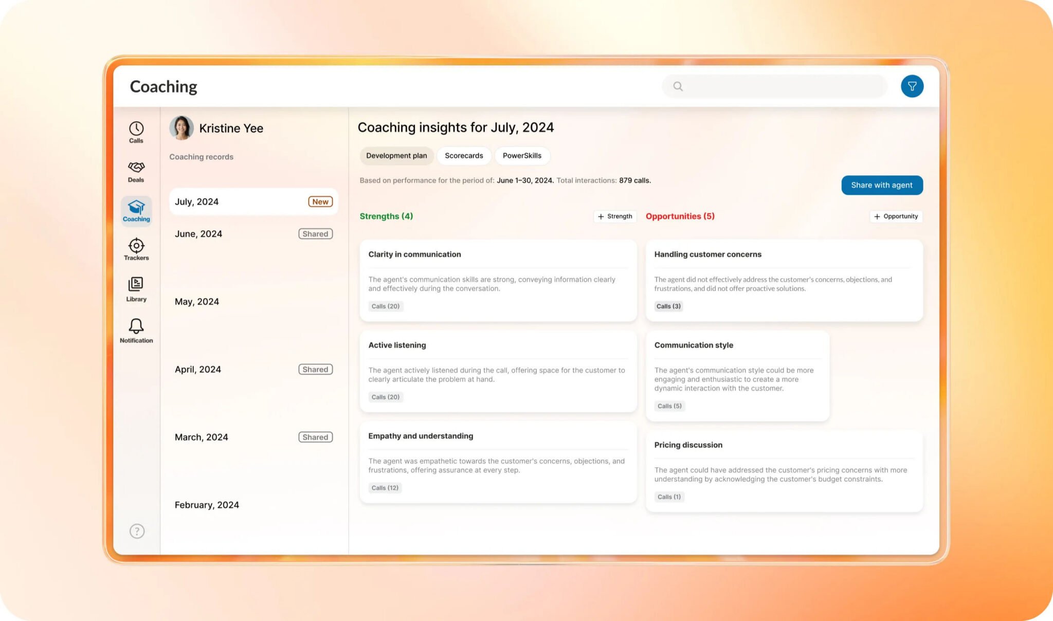 The RingCentral AI Conversation Expert dashboard showing agent coaching insights for July 2024
