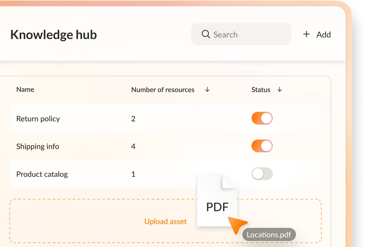 RingCentral AI Receptionist’s knowledge hub showing uploaded knowledge assets for sales and marketing, and help desk teams