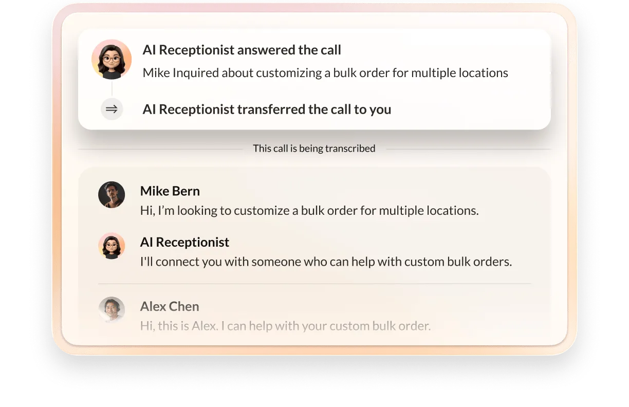 An AI Receptionist call transcription, showing an AI agent answering a customer call and transferring it to a human agent