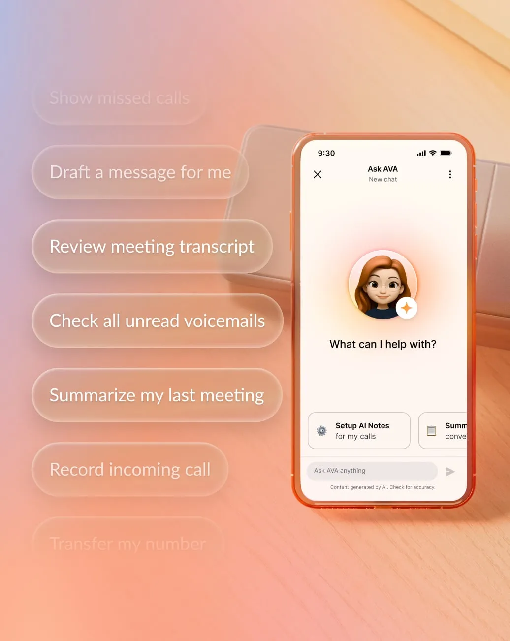 A cellphone showing RingCentral’s AI Virtual Assistant as a memoji asking, “What can I help with?” alongside task suggestions