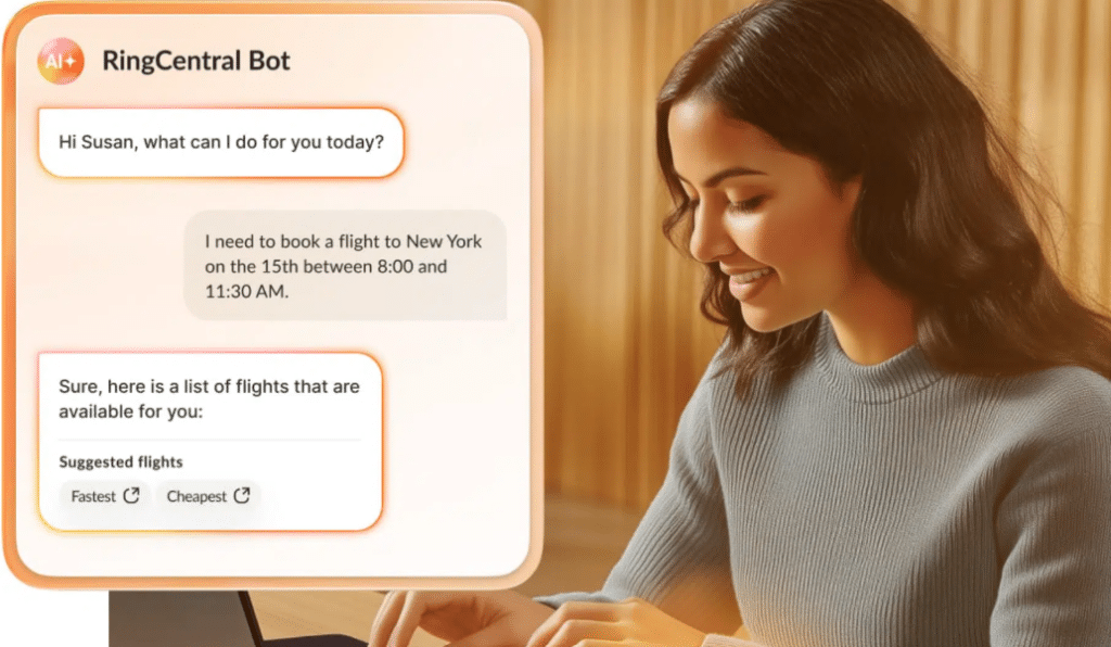 A lady chatting on her laptop with a ringcentral-powered chatbot