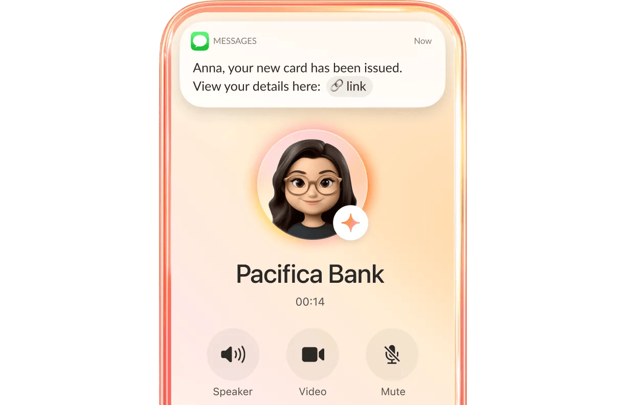 A RingCX AI Receptionist for Pacifica Bank lets a customer know their new card is issued