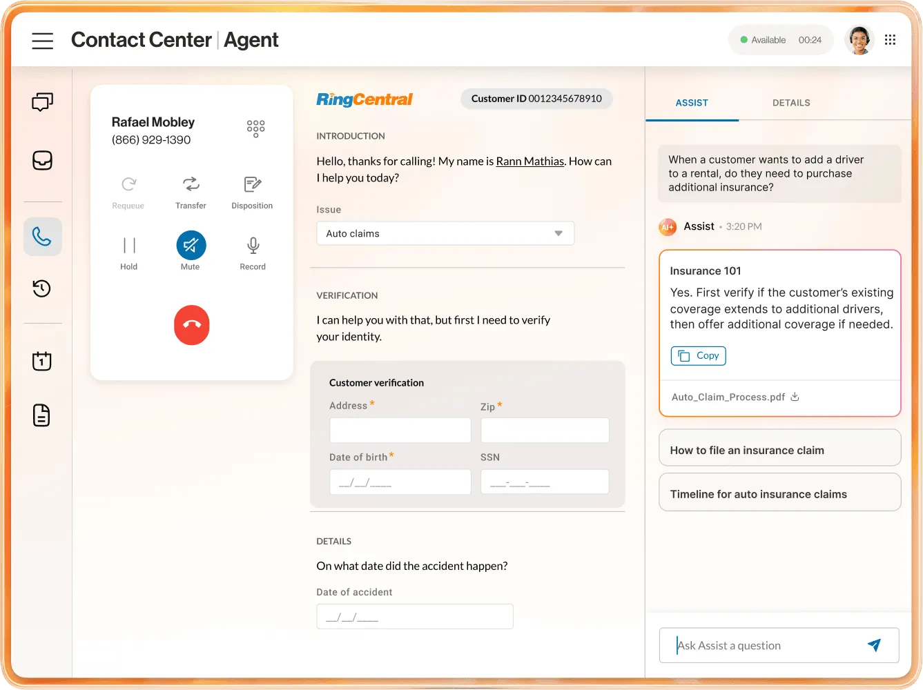 An ongoing customer call on RingCX featuring AI agent assist